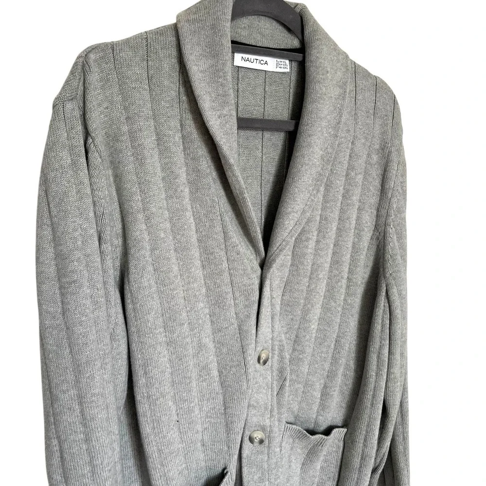 Nautica Mens XL Shawl Collar‎ Cardigan Sweater Gray Ribbed Cotton Button Front